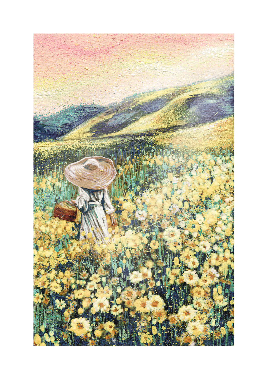 Woman in Hat walking through yellow meadow